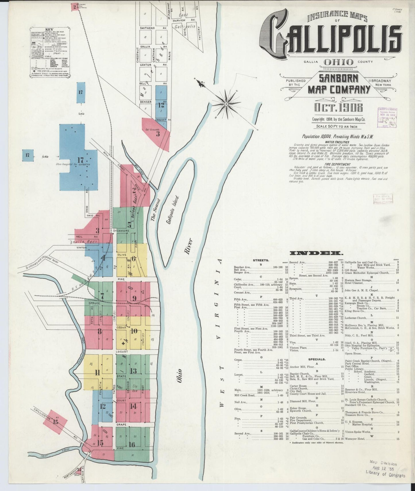 Sanborn Fire Insurance Map from Gallipolis, Gallia County, Ohio (1908), Sheet #0001 - Historic Sanborn Fire Insurance Map Print, vintage old map wall art, antique decor, genealogy gift, Ohio Ohio map