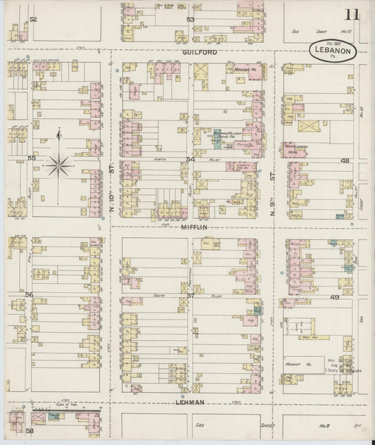 Sanborn Fire Insurance Map from Lebanon, Lebanon County, Pennsylvania (1887), Sheet #0011 - Historic Sanborn Fire Insurance Map Print, vintage old map wall art, antique decor, genealogy gift, Pennsylvania Pennsylvania map