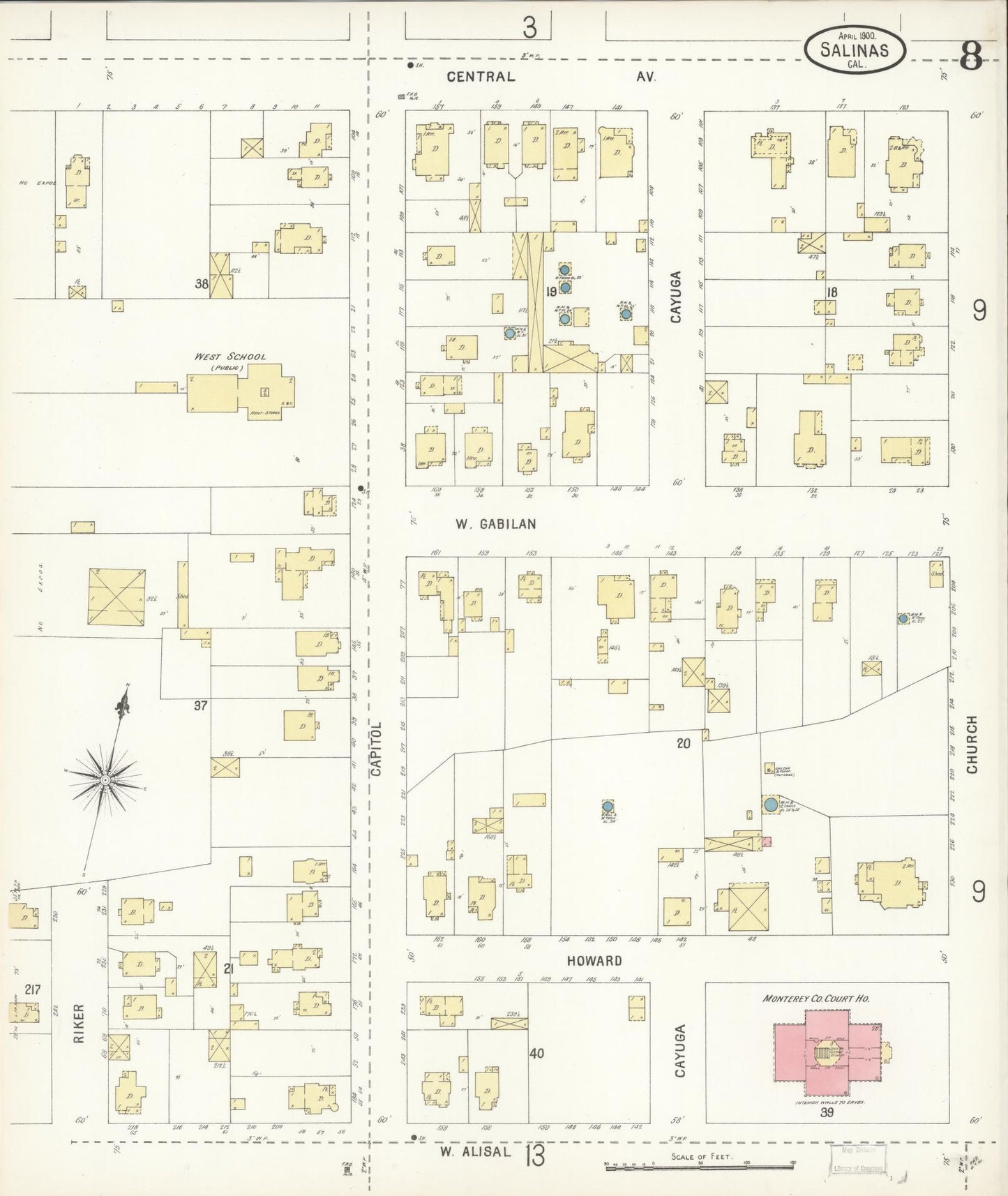 Sanborn Fire Insurance Map from Salinas, Monterey County, California (1900), Sheet #0008 - Complete Map Set gallery image, historic Sanborn map, vintage wall art, California California