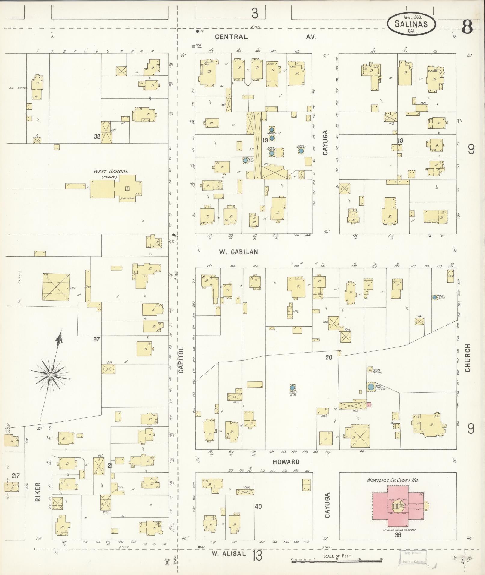 Sanborn Fire Insurance Map from Salinas, Monterey County, California (1900), Sheet #0008 - Complete Map Set gallery image, historic Sanborn map, vintage wall art, California California