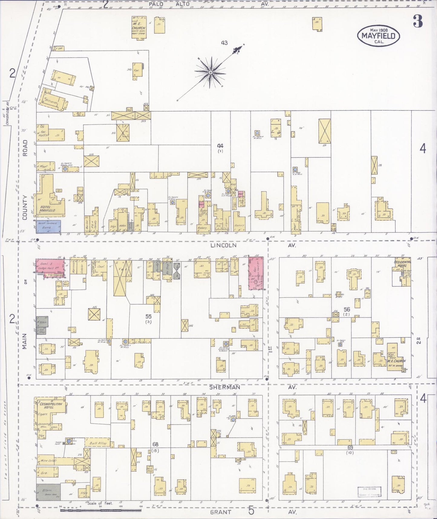 Sanborn Fire Insurance Map from Mayfield, Santa Clara County, California (1908), Sheet #0003 - Complete Map Set gallery image, historic Sanborn map, vintage wall art, California California