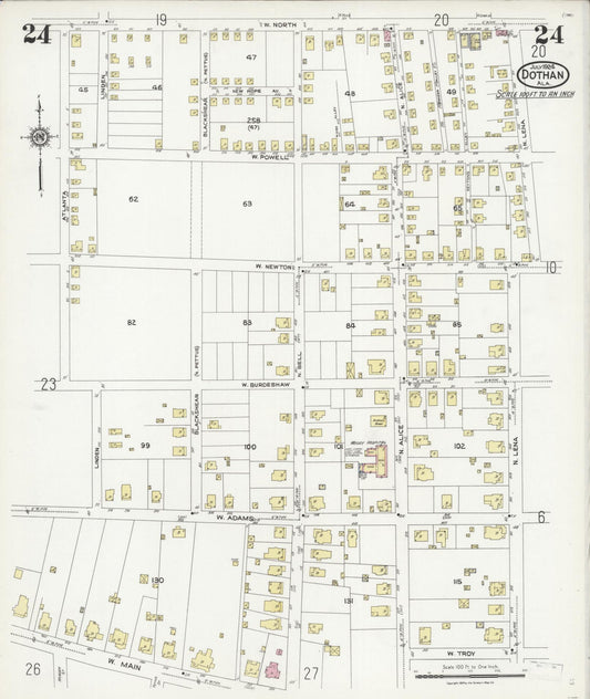 Sanborn Fire Insurance Map from Dothan, Houston County, Alabama (1924), Sheet #0024 - Historic Sanborn Fire Insurance Map Print, vintage old map wall art, antique decor, genealogy gift, Alabama Alabama map