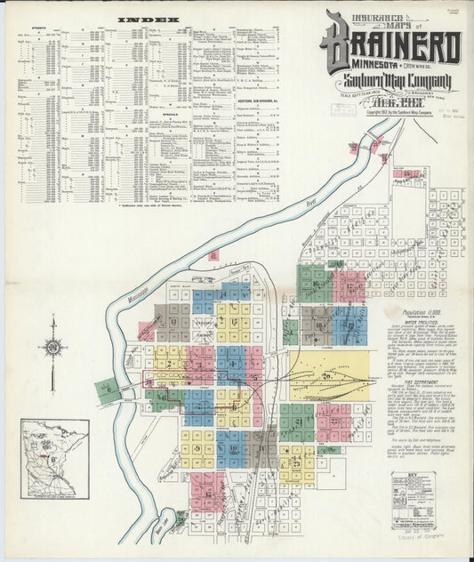 Sanborn Fire Insurance Map from Brainerd, Crow Wing County, Minnesota (1913), Sheet #0001 - Historic Sanborn Fire Insurance Map Print, vintage old map wall art, antique decor, genealogy gift, Minnesota Minnesota map