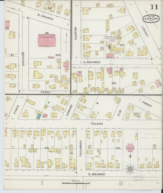 Sanborn Fire Insurance Map from Adrian, Lenawee County, Michigan (1893), Sheet #0011 - Historic Sanborn Fire Insurance Map Print, vintage old map wall art, antique decor, genealogy gift, Michigan Michigan map