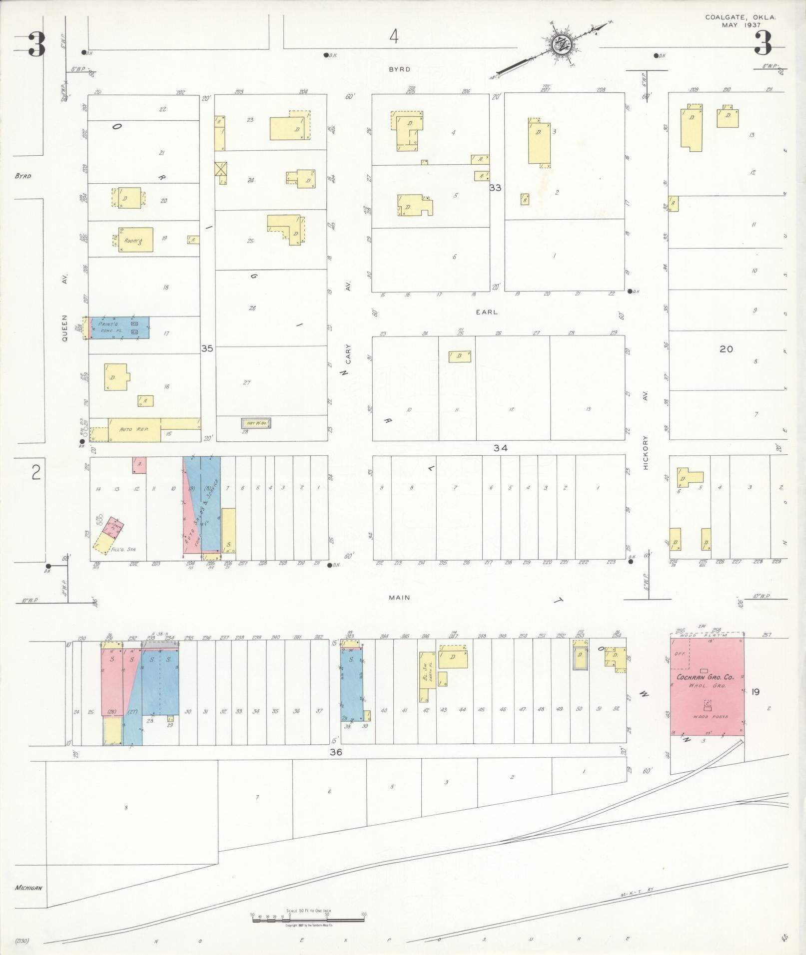Sanborn Fire Insurance Map from Coalgate, Coal County, Oklahoma (1937), Sheet #0003 - Complete Map Set gallery image, historic Sanborn map, vintage wall art, Oklahoma Oklahoma