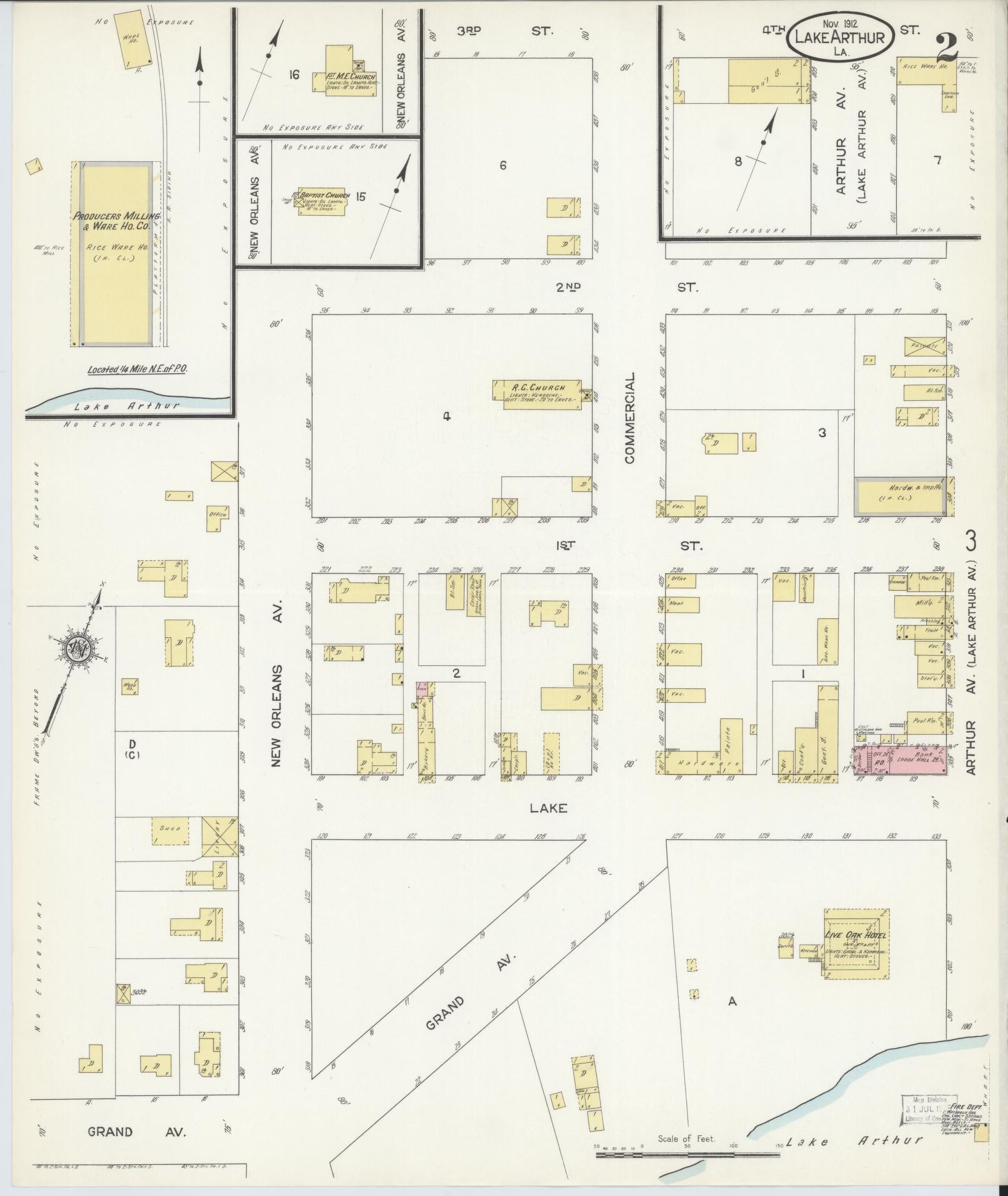 Sanborn Fire Insurance Map from Lake Arthur, Jefferson Davis Parish, Louisiana (1912), Sheet #0002 - Historic Sanborn Fire Insurance Map Print, vintage old map wall art, antique decor, genealogy gift, Louisiana Louisiana map