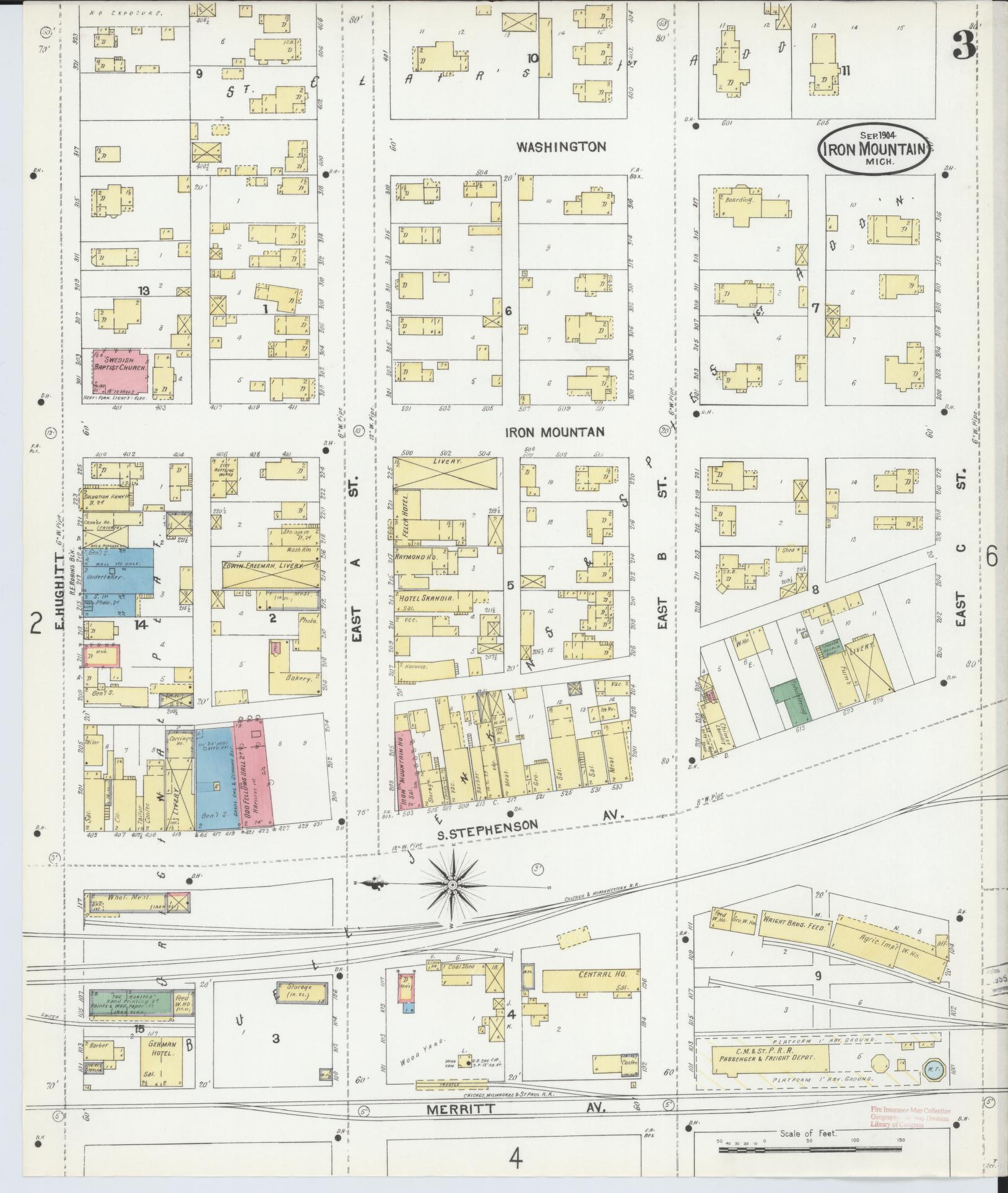 Sanborn Fire Insurance Map from Iron Mountain, Dickinson County, Michigan (1904), Sheet #0003 - Complete Map Set gallery image, historic Sanborn map, vintage wall art, Michigan Michigan