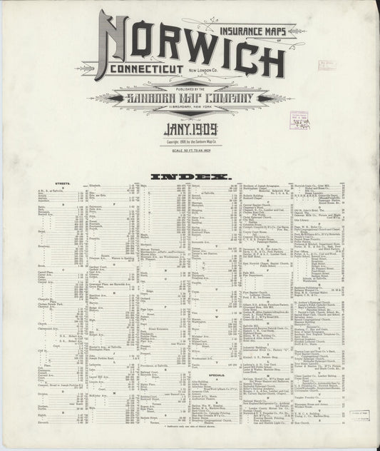 Sanborn Fire Insurance Map from Norwich, New London County, Connecticut (1909), Sheet #0001 - Historic Sanborn Fire Insurance Map Print, vintage old map wall art, antique decor, genealogy gift, Connecticut Connecticut map