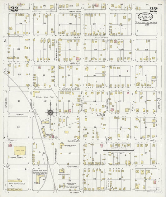Sanborn Fire Insurance Map from Laredo, Webb County, Texas (1925), Sheet #0022 - Historic Sanborn Fire Insurance Map Print, vintage old map wall art, antique decor, genealogy gift, Texas Texas map
