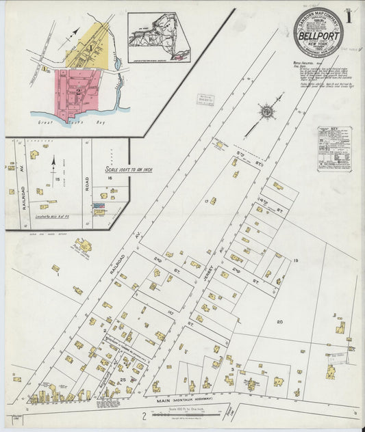 Sanborn Fire Insurance Map from Bellport, Suffolk County, New York (1920), Sheet #0001 - Historic Sanborn Fire Insurance Map Print, vintage old map wall art, antique decor, genealogy gift, New York New York map