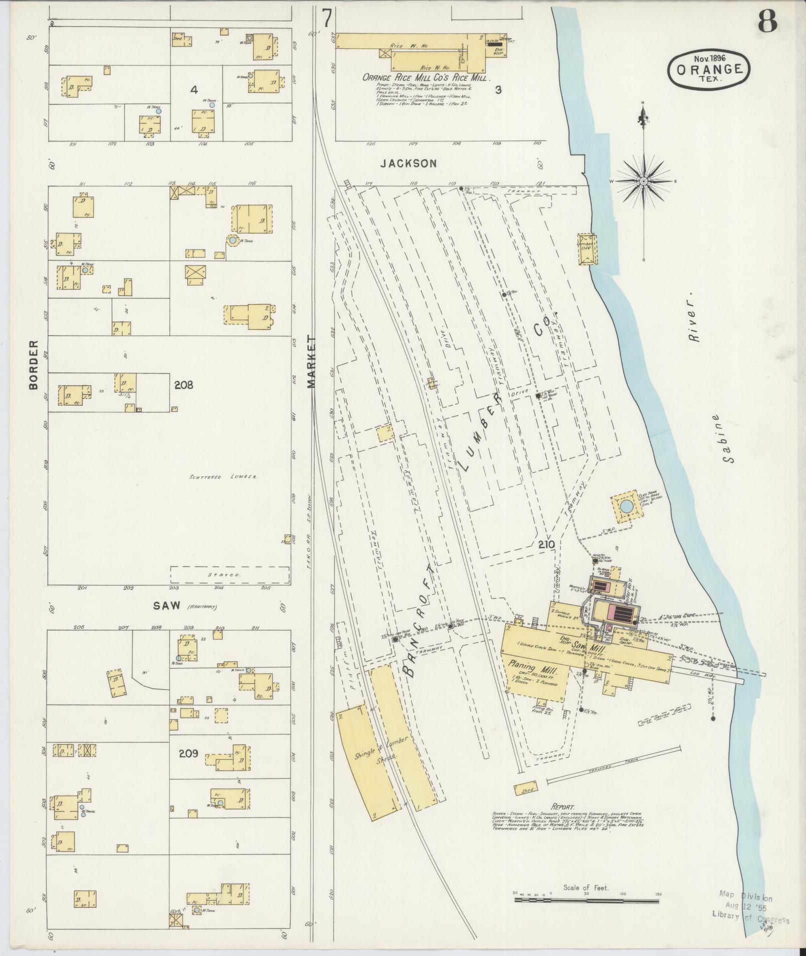 Sanborn Fire Insurance Map from Orange, Orange County, Texas (1896), Sheet #0008 - Complete Map Set gallery image, historic Sanborn map, vintage wall art, Texas Texas