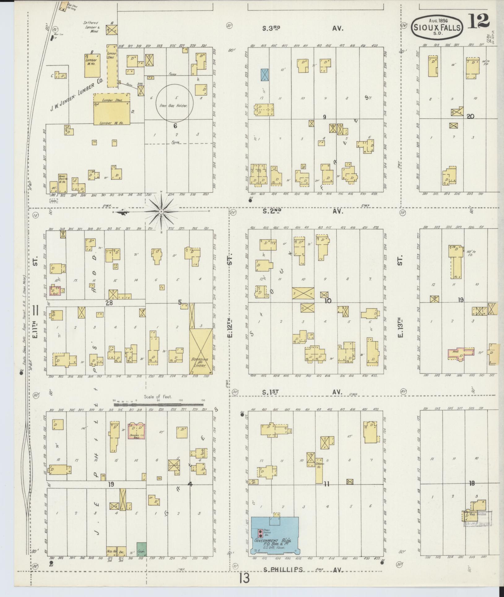 Sanborn Fire Insurance Map from Sioux Falls, Minnehaha County, South Dakota (1896), Sheet #0012 - Historic Sanborn Fire Insurance Map Print, vintage old map wall art, antique decor, genealogy gift, South Dakota South Dakota map
