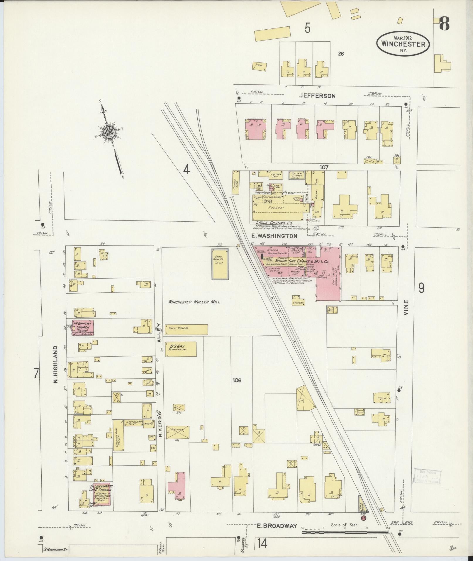 Sanborn Fire Insurance Map from Winchester, Clark County, Kentucky (1912), Sheet #0008 - Historic Sanborn Fire Insurance Map Print, vintage old map wall art, antique decor, genealogy gift, Kentucky Kentucky map