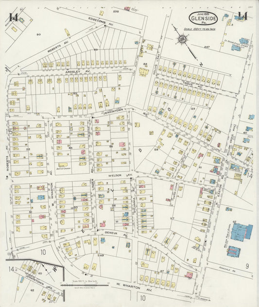 Sanborn Fire Insurance Map from Glenside, Montgomery County, Pennsylvania (1925), Sheet #0014 - Historic Sanborn Fire Insurance Map Print, vintage old map wall art, antique decor, genealogy gift, Pennsylvania Pennsylvania map