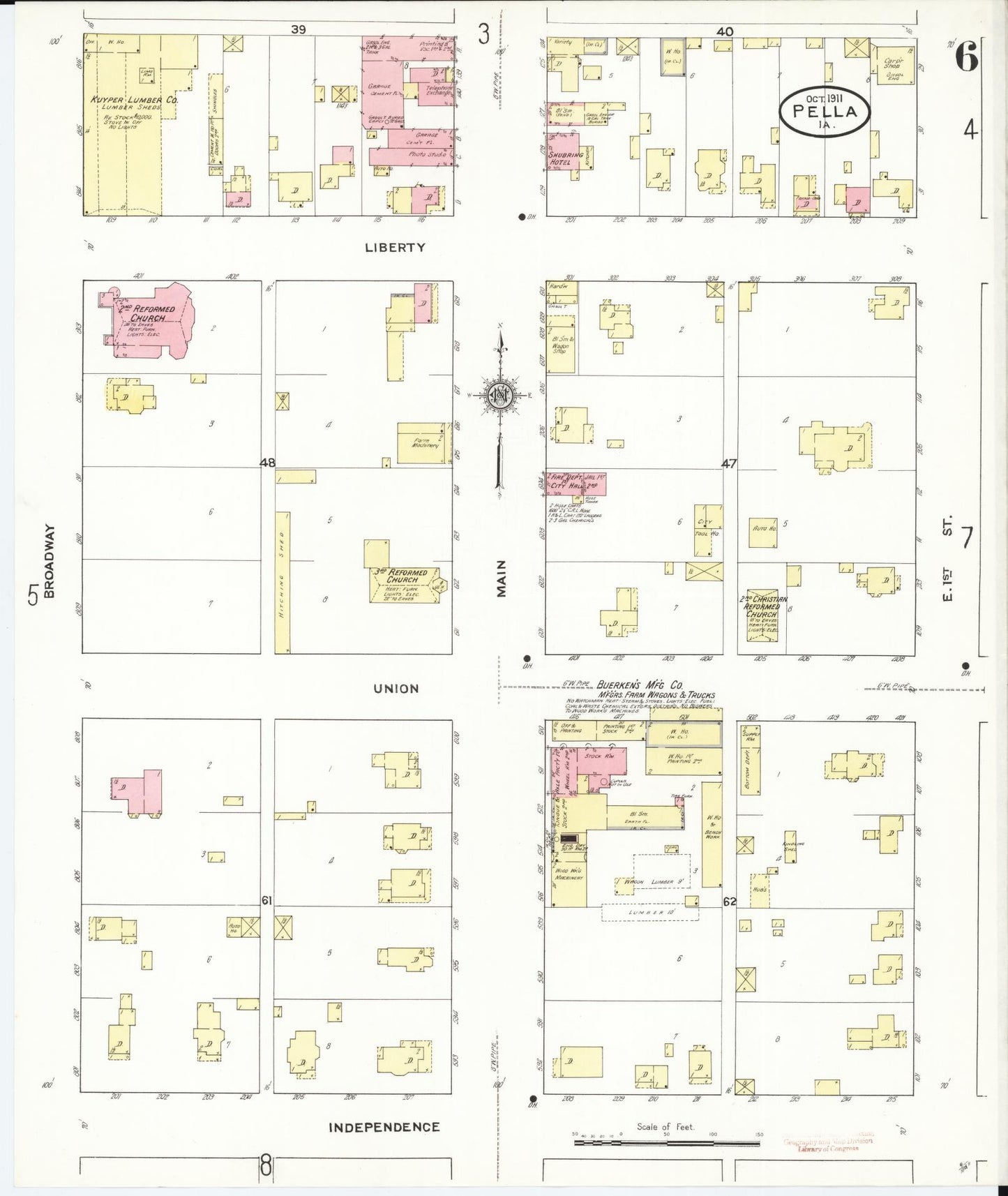 Sanborn Fire Insurance Map from Pella, Marion County, Iowa (1911), Sheet #0006 - Historic Sanborn Fire Insurance Map Print, vintage old map wall art