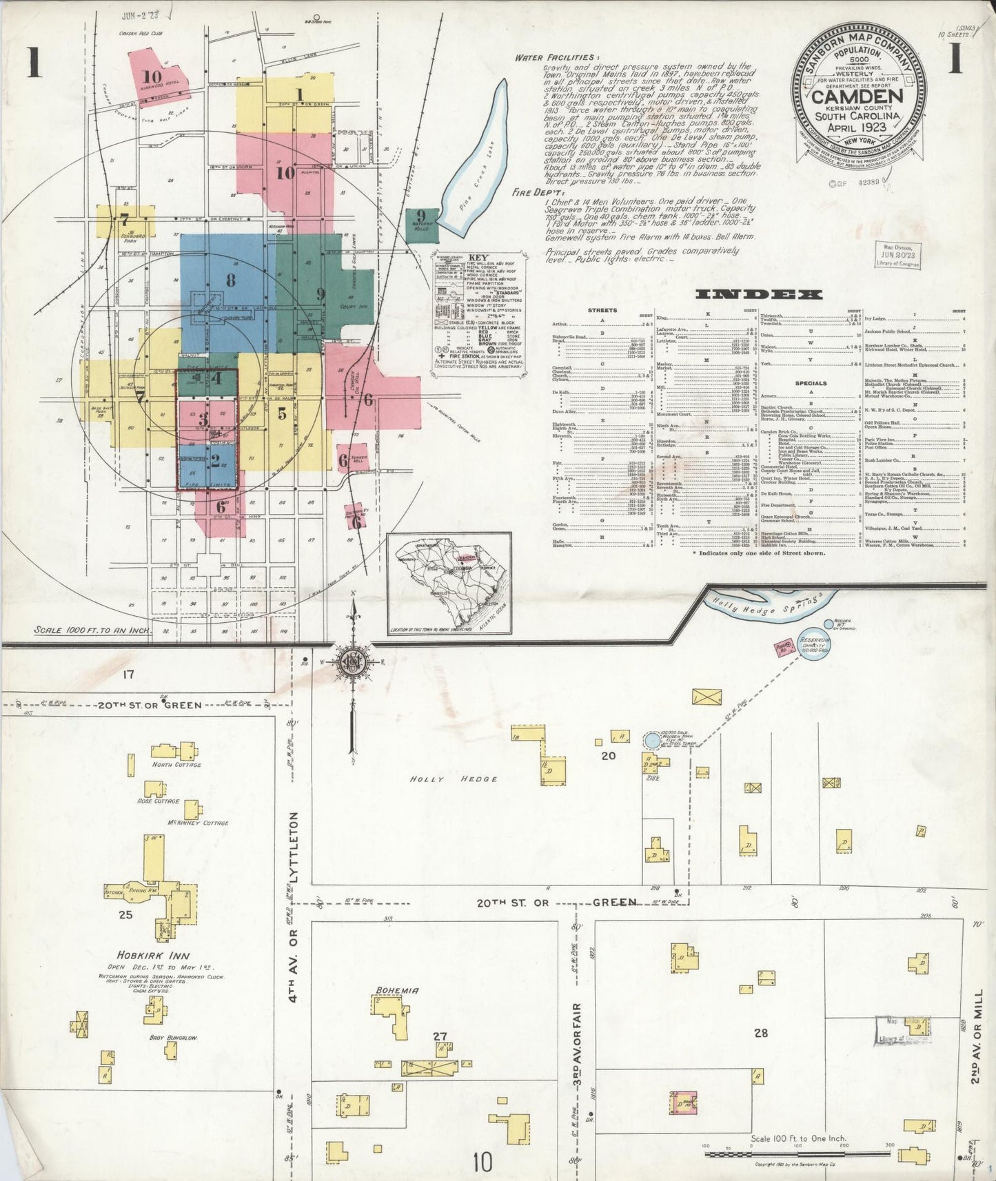Sanborn Fire Insurance Map from Camden, Kershaw County, South Carolina (1923), Sheet #0001 - Historic Sanborn Fire Insurance Map Print, vintage old map wall art, antique decor, genealogy gift, South Carolina South Carolina map