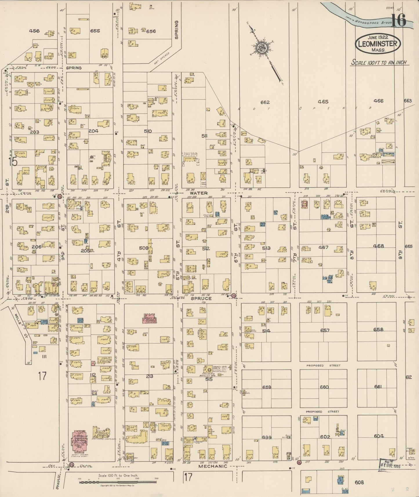 Sanborn Fire Insurance Map from Leominster, Worcester County, Massachusetts (1922), Sheet #0016 - Complete Map Set gallery image, historic Sanborn map, vintage wall art, Massachusetts Massachusetts