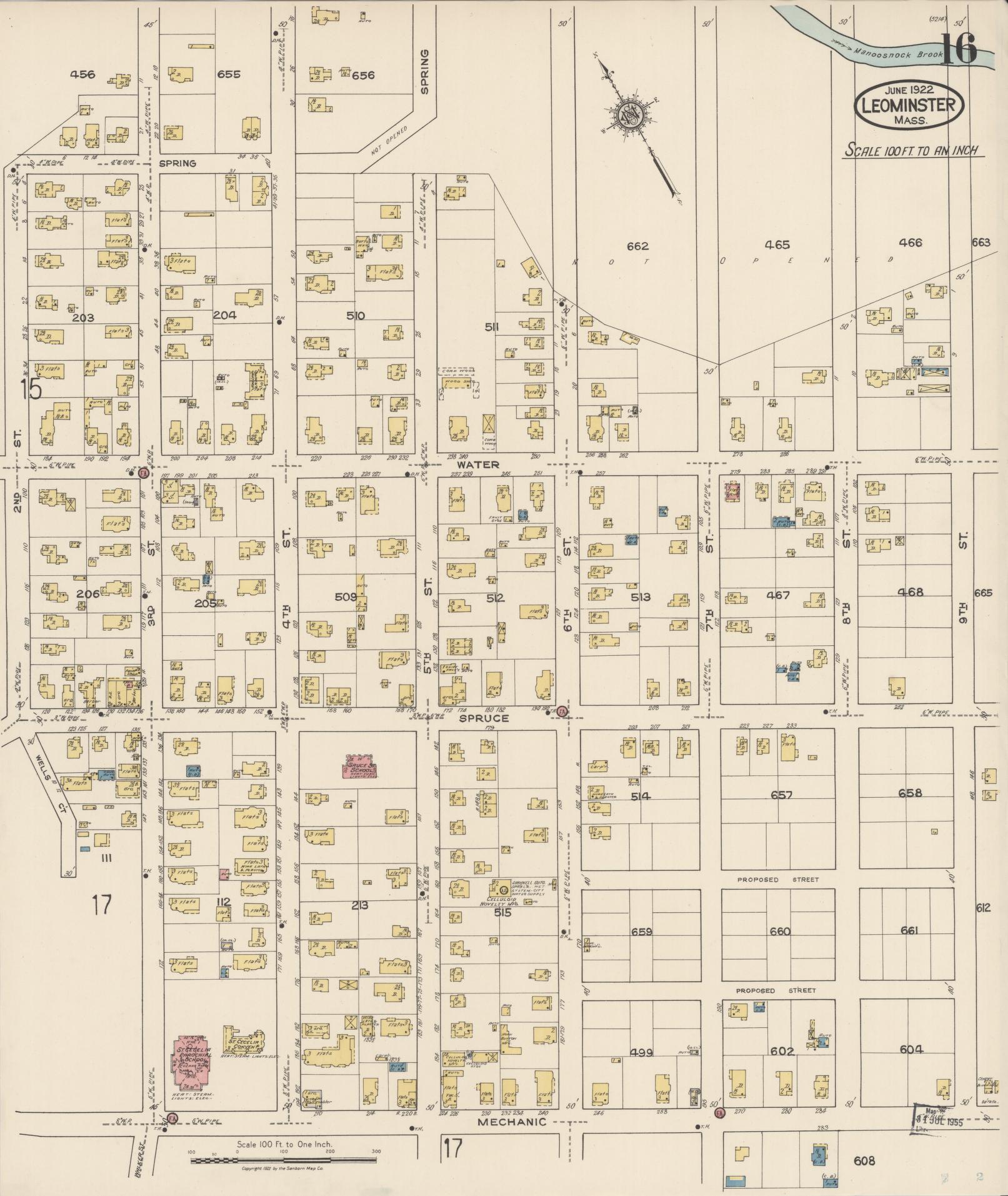Sanborn Fire Insurance Map from Leominster, Worcester County, Massachusetts (1922), Sheet #0016 - Complete Map Set gallery image, historic Sanborn map, vintage wall art, Massachusetts Massachusetts