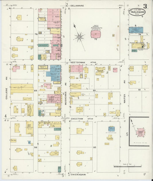 Sanborn Fire Insurance Map from Tahlequah, Cherokee County, Oklahoma (1909), Sheet #0003 - Historic Sanborn Fire Insurance Map Print, vintage old map wall art, antique decor, genealogy gift, Oklahoma Oklahoma map