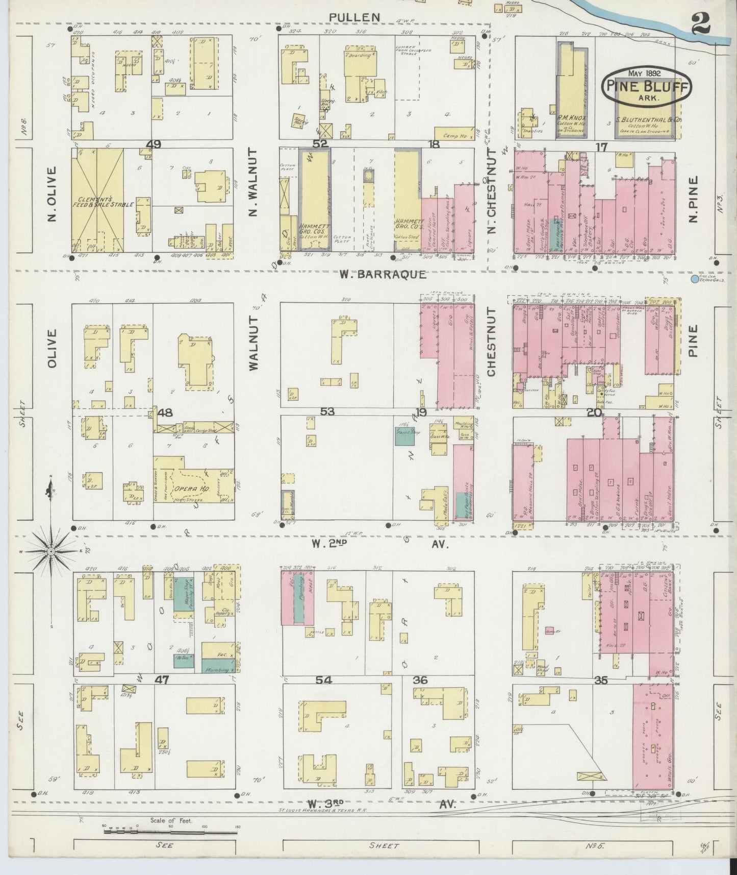 Sanborn Fire Insurance Map from Pine Bluff, Jefferson County, Arkansas (1892), Sheet #0002 - Complete Map Set gallery image, historic Sanborn map, vintage wall art, Arkansas Arkansas