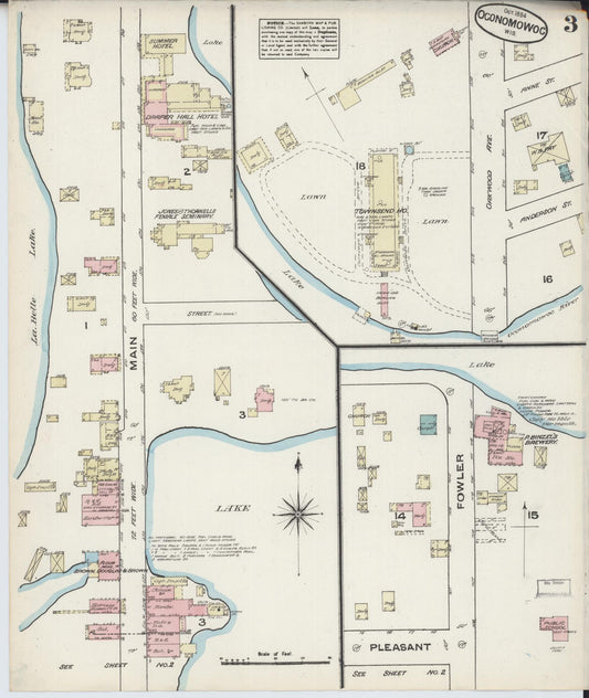 Sanborn Fire Insurance Map from Oconomowoc, Waukesha County, Wisconsin (1884), Sheet #0003 - Historic Sanborn Fire Insurance Map Print, vintage old map wall art, antique decor, genealogy gift, Wisconsin Wisconsin map