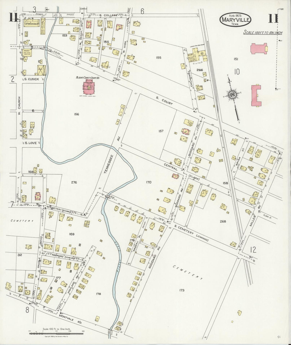 Sanborn Fire Insurance Map from Maryville, Blount County, Tennessee (1925), Sheet #0011 - Complete Map Set gallery image, historic Sanborn map, vintage wall art, Tennessee Tennessee