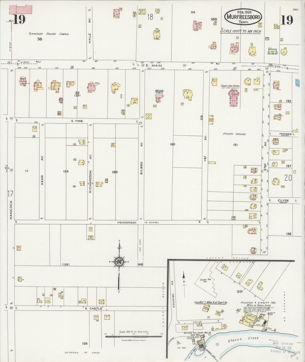 Sanborn Fire Insurance Map from Murfreesboro, Rutherford County, Tennessee (1924), Sheet #0019 - Complete Map Set gallery image, historic Sanborn map, vintage wall art, Tennessee Tennessee