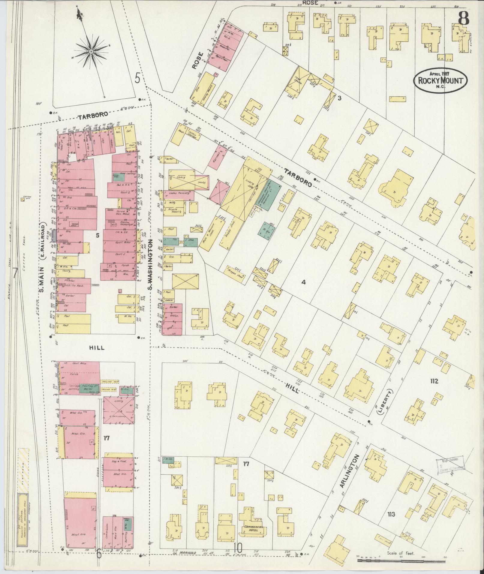 Sanborn Fire Insurance Map from Rocky Mount, Edgecombe And Nash Counties, North Carolina (1907), Sheet #0008 - Historic Sanborn Fire Insurance Map Print, vintage old map wall art, antique decor, genealogy gift, North Carolina North Carolina map