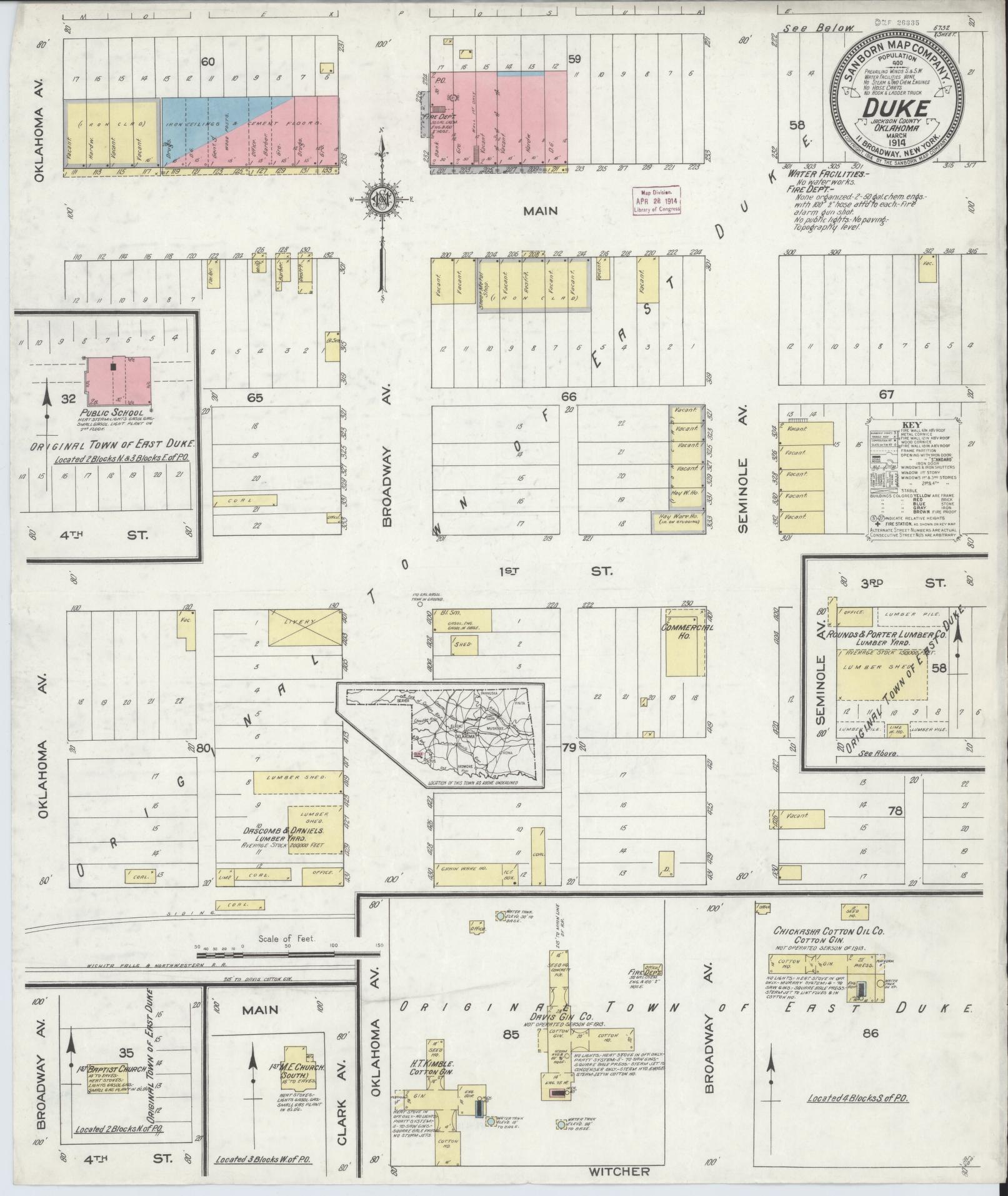 Sanborn Fire Insurance Map from Duke, Jackson County, Oklahoma (1914), Sheet #0001 - Historic Sanborn Fire Insurance Map Print, vintage old map wall art, antique decor, genealogy gift, Oklahoma Oklahoma map