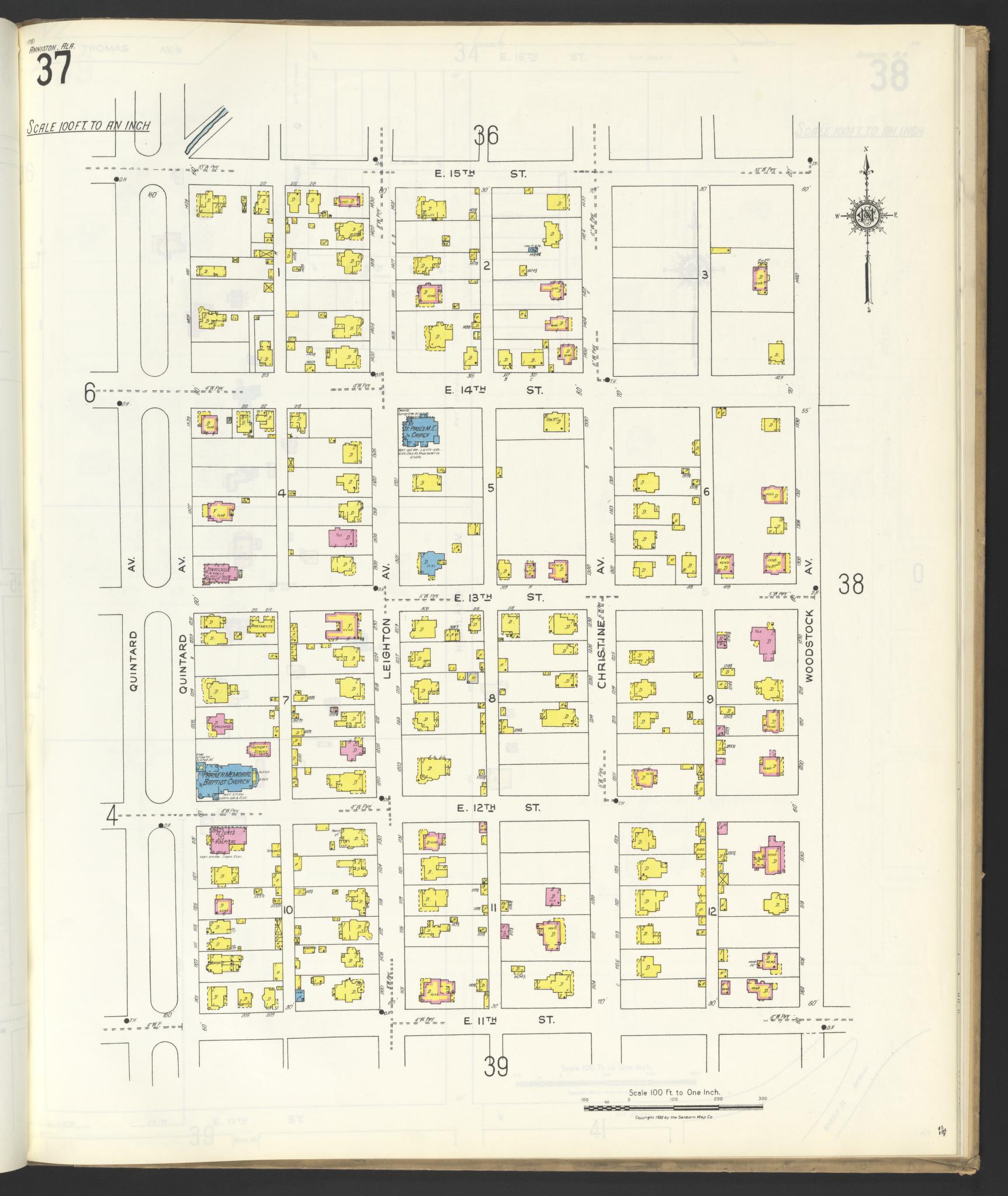 Sanborn Fire Insurance Map from Anniston, Calhoun County, Alabama (1925), Sheet #0037 - Historic Sanborn Fire Insurance Map Print, vintage old map wall art, antique decor, genealogy gift, Alabama Alabama map