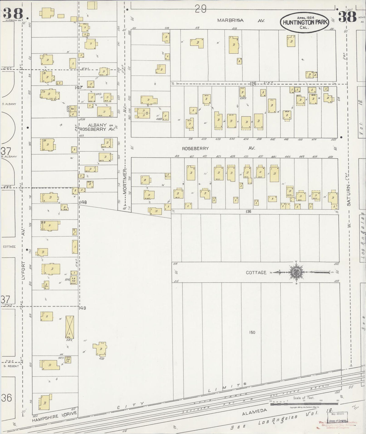Sanborn Fire Insurance Map from Huntington Park, Los Angeles County, California (1924), Sheet #0038 - Complete Map Set gallery image, historic Sanborn map, vintage wall art, California California