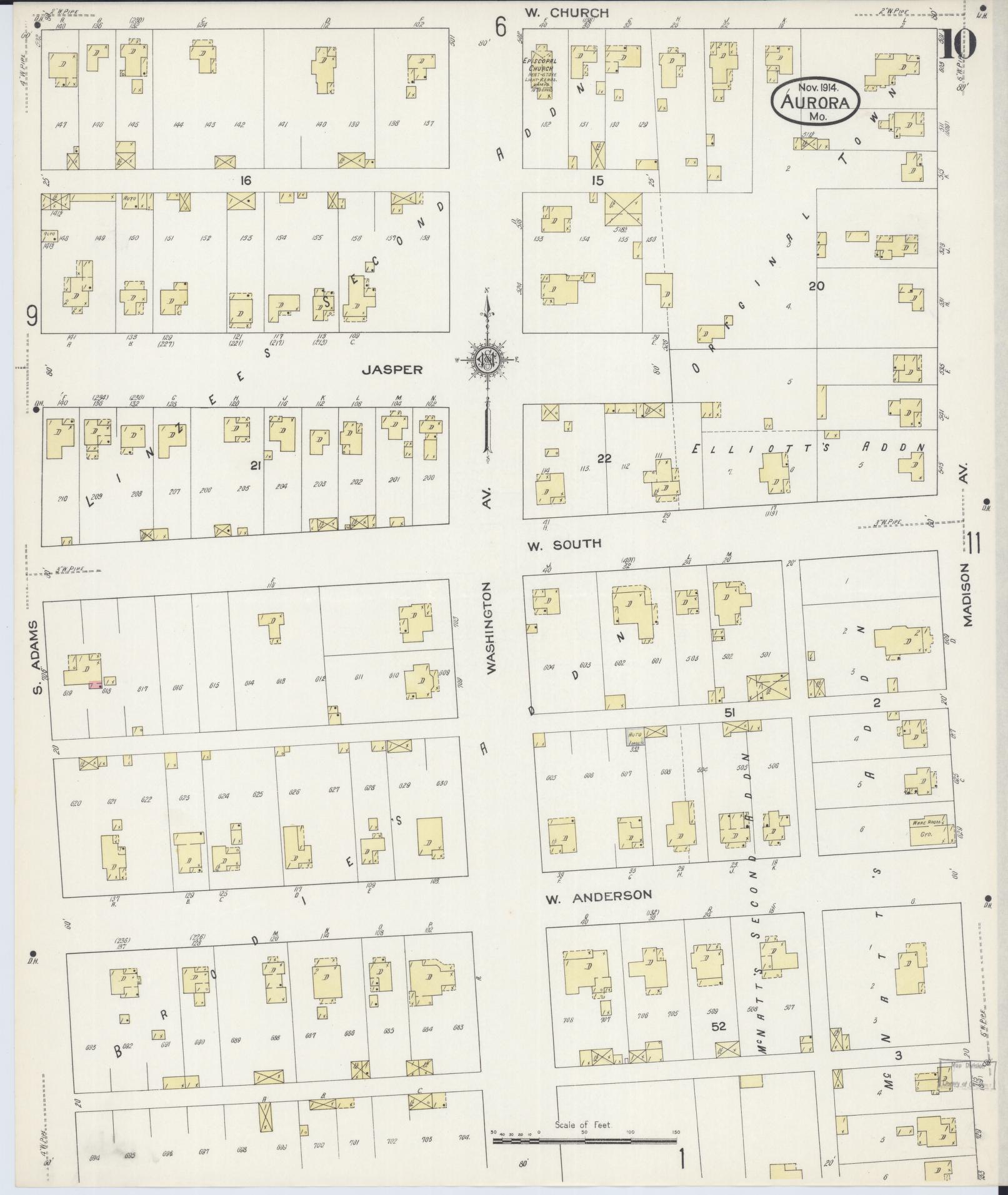Sanborn Fire Insurance Map from Aurora, Lawrence County, Missouri (1914), Sheet #0010 - Historic Sanborn Fire Insurance Map Print, vintage old map wall art, antique decor, genealogy gift, Missouri Missouri map