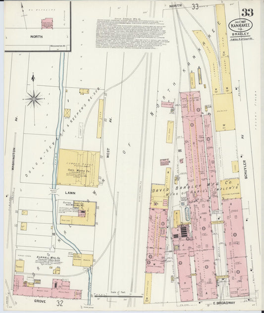 Sanborn Fire Insurance Map from Kankakee, Kankakee County, Illinois (1907), Sheet #0033 - Historic Sanborn Fire Insurance Map Print, vintage old map wall art, antique decor, genealogy gift, Illinois Illinois map