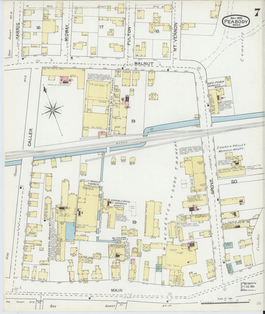 Sanborn Fire Insurance Map from Peabody, Essex County, Massachusetts (1892), Sheet #0007 - Historic Sanborn Fire Insurance Map Print, vintage old map wall art, antique decor, genealogy gift, Massachusetts Massachusetts map