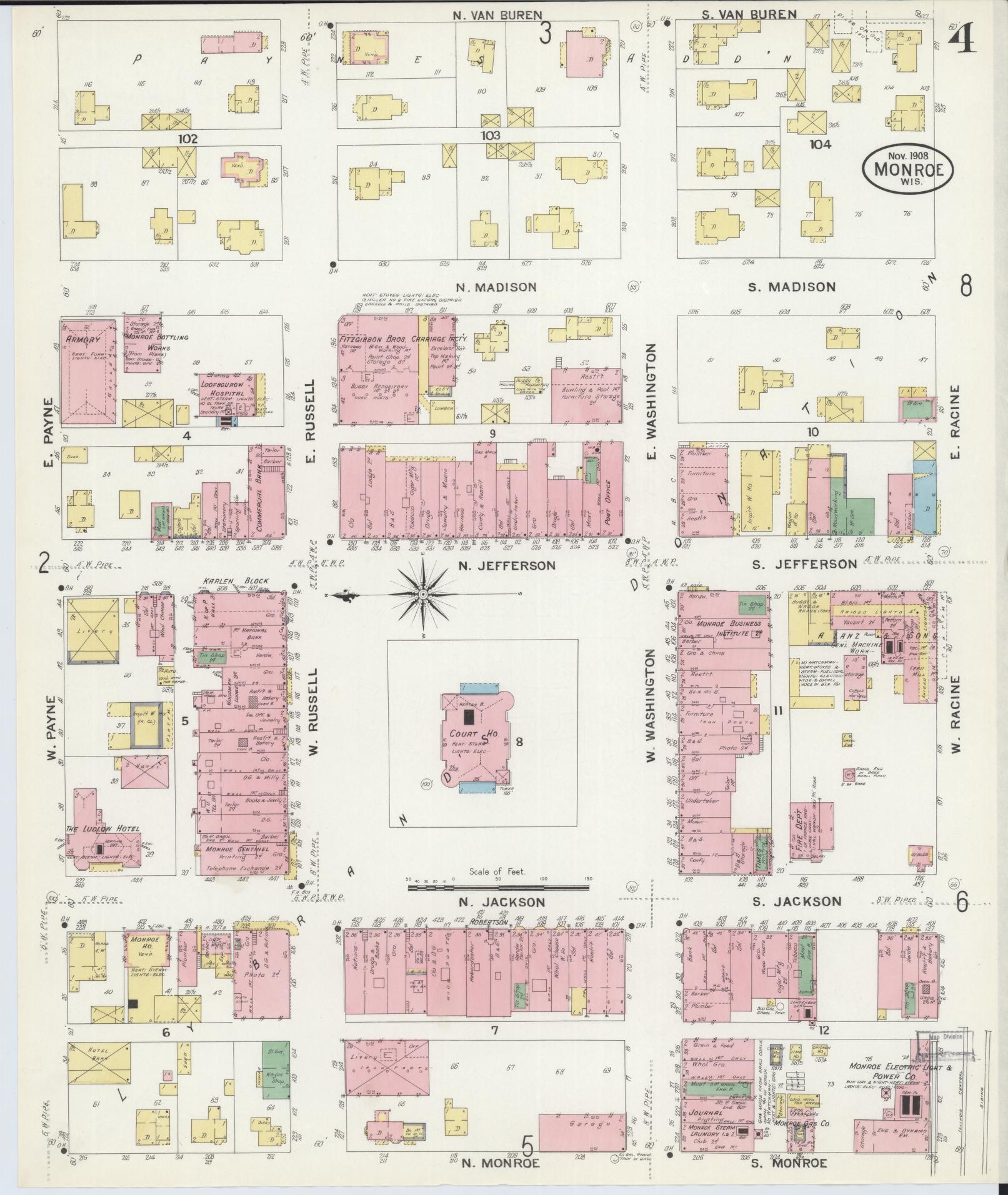 Sanborn Fire Insurance Map from Monroe, Green County, Wisconsin (1908), Sheet #0004 - Complete Map Set gallery image, historic Sanborn map, vintage wall art, Wisconsin Wisconsin