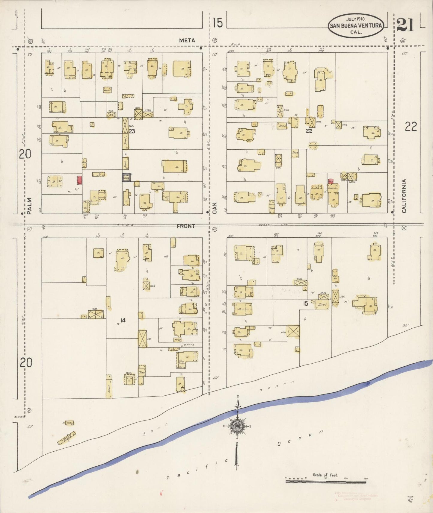 Sanborn Fire Insurance Map from San Buenaventura, Ventura County, California (1910), Sheet #0021 - Complete Map Set gallery image, historic Sanborn map, vintage wall art, California California