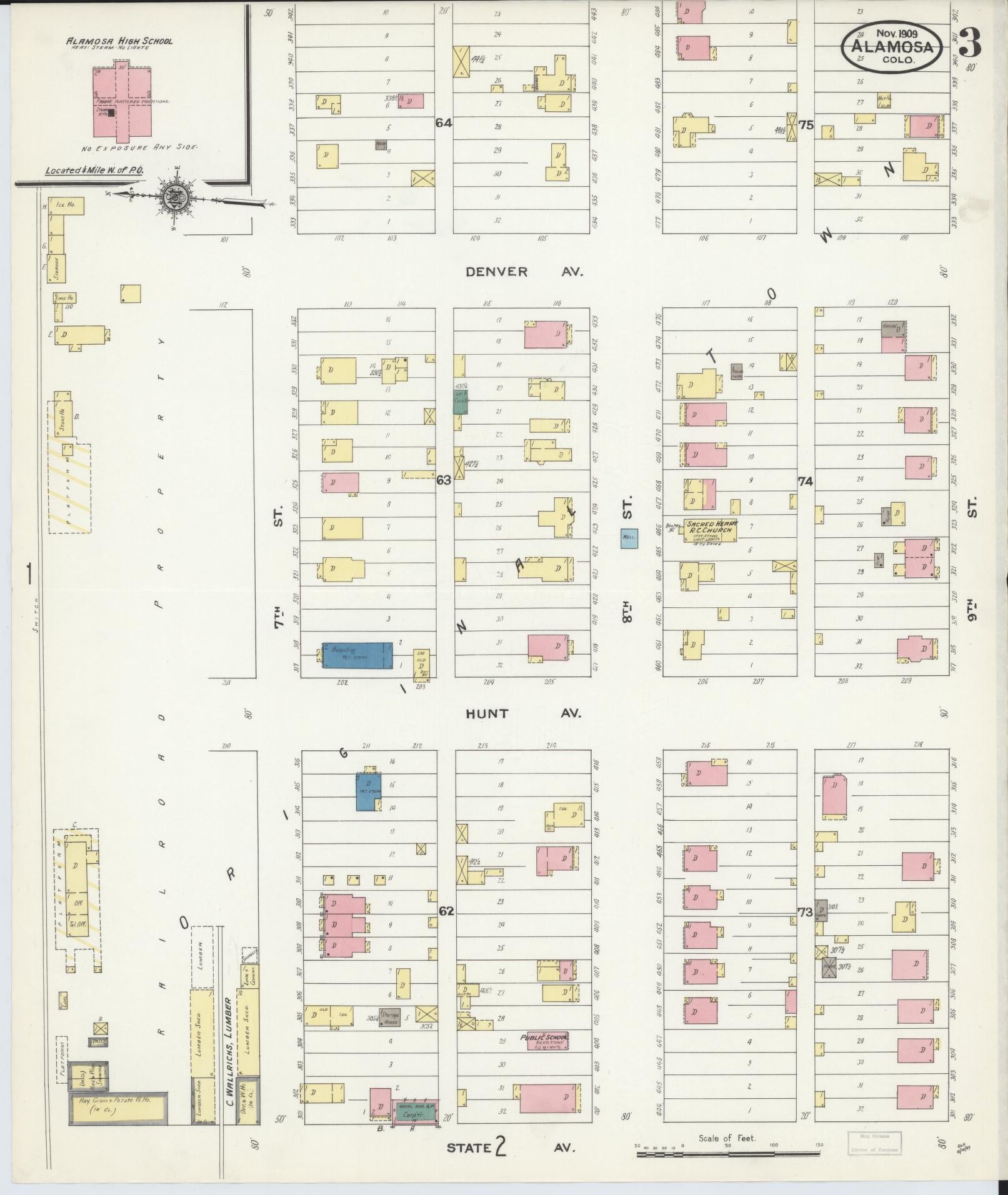 Sanborn Fire Insurance Map from Alamosa, Alamosa County, Colorado (1909), Sheet #0003 - Historic Sanborn Fire Insurance Map Print, vintage old map wall art, antique decor, genealogy gift, Colorado Colorado map