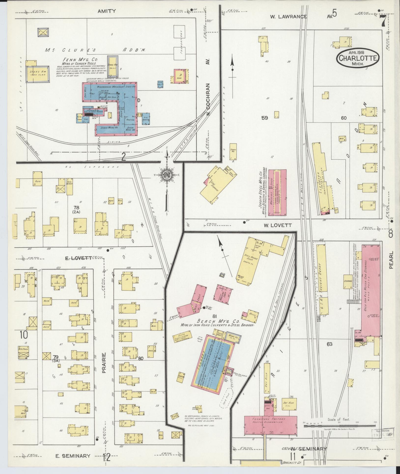 Sanborn Fire Insurance Map from Charlotte, Eaton County, Michigan (1918), Sheet #0007 - Complete Map Set gallery image, historic Sanborn map, vintage wall art, Michigan Michigan