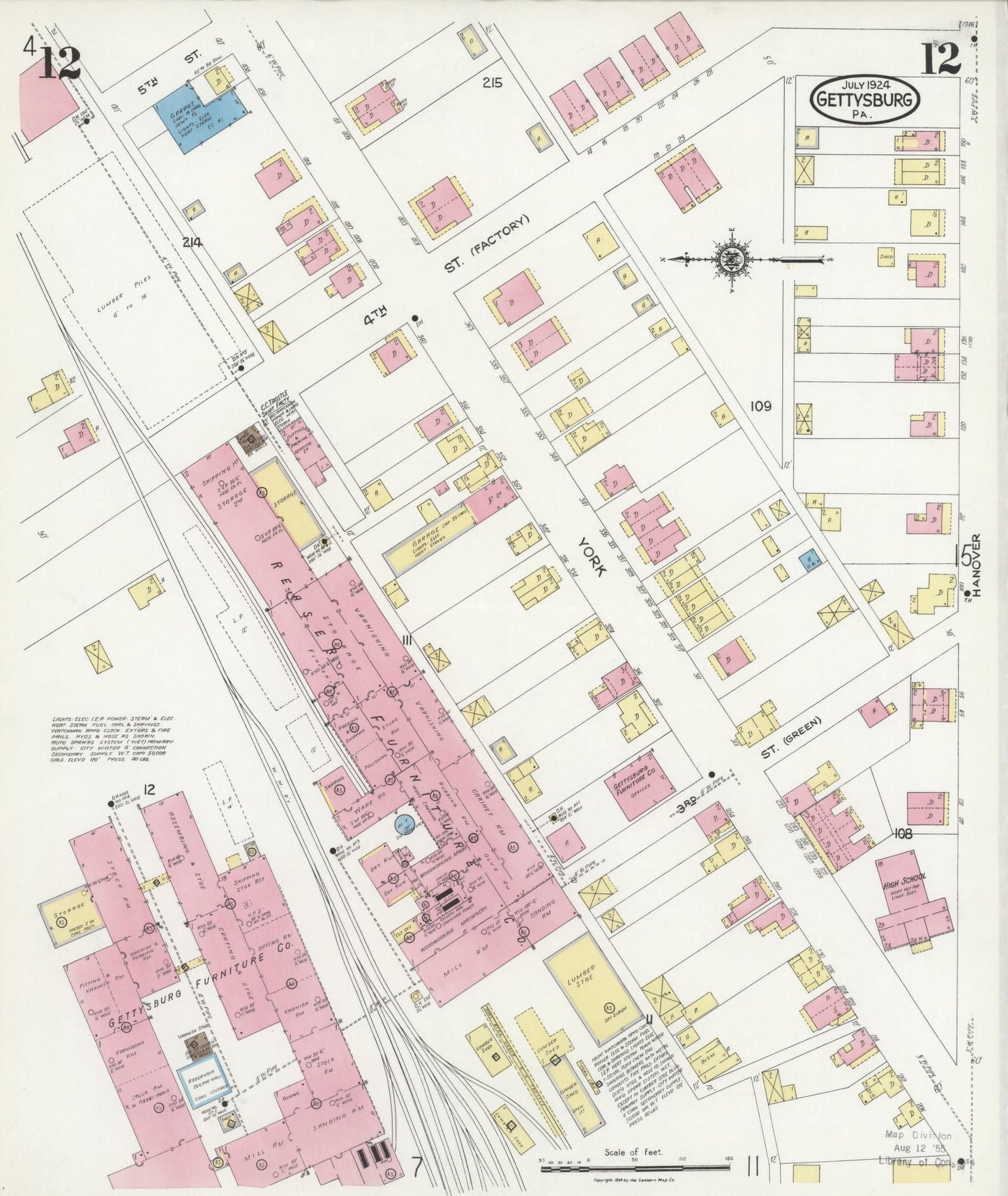 Sanborn Fire Insurance Map from Gettysburg, Adams County, Pennsylvania (1924), Sheet #0012 - Historic Sanborn Fire Insurance Map Print, vintage old map wall art, antique decor, genealogy gift, Pennsylvania Pennsylvania map