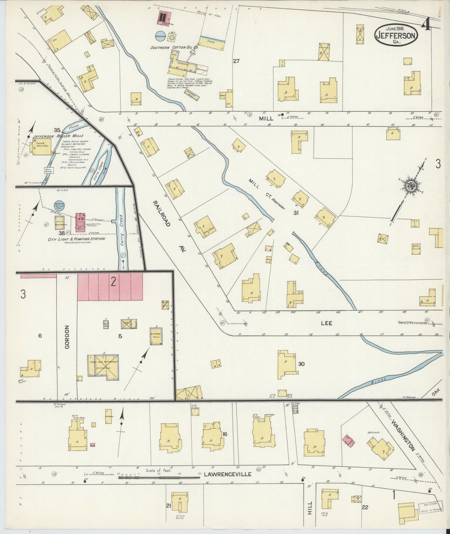 Sanborn Fire Insurance Map from Jefferson, Jackson County, Georgia (1916), Sheet #0004 - Historic Sanborn Fire Insurance Map Print, vintage old map wall art, antique decor, genealogy gift, Georgia Georgia map
