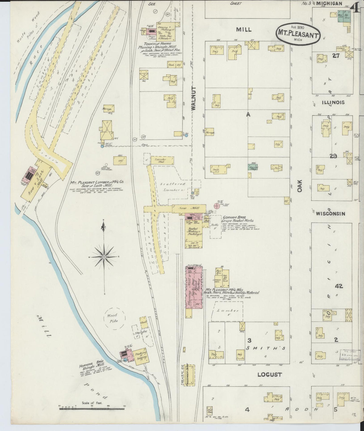 Sanborn Fire Insurance Map from Mount Pleasant, Isabella County, Michigan (1890), Sheet #0004 - Historic Sanborn Fire Insurance Map Print, vintage old map wall art, antique decor, genealogy gift, Michigan Michigan map