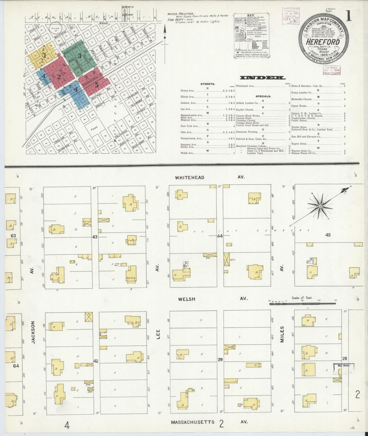 Sanborn Fire Insurance Map from Hereford, Deaf Smith County, Texas (1908), Sheet #0001 - Complete Map Set gallery image, historic Sanborn map, vintage wall art, Texas Texas