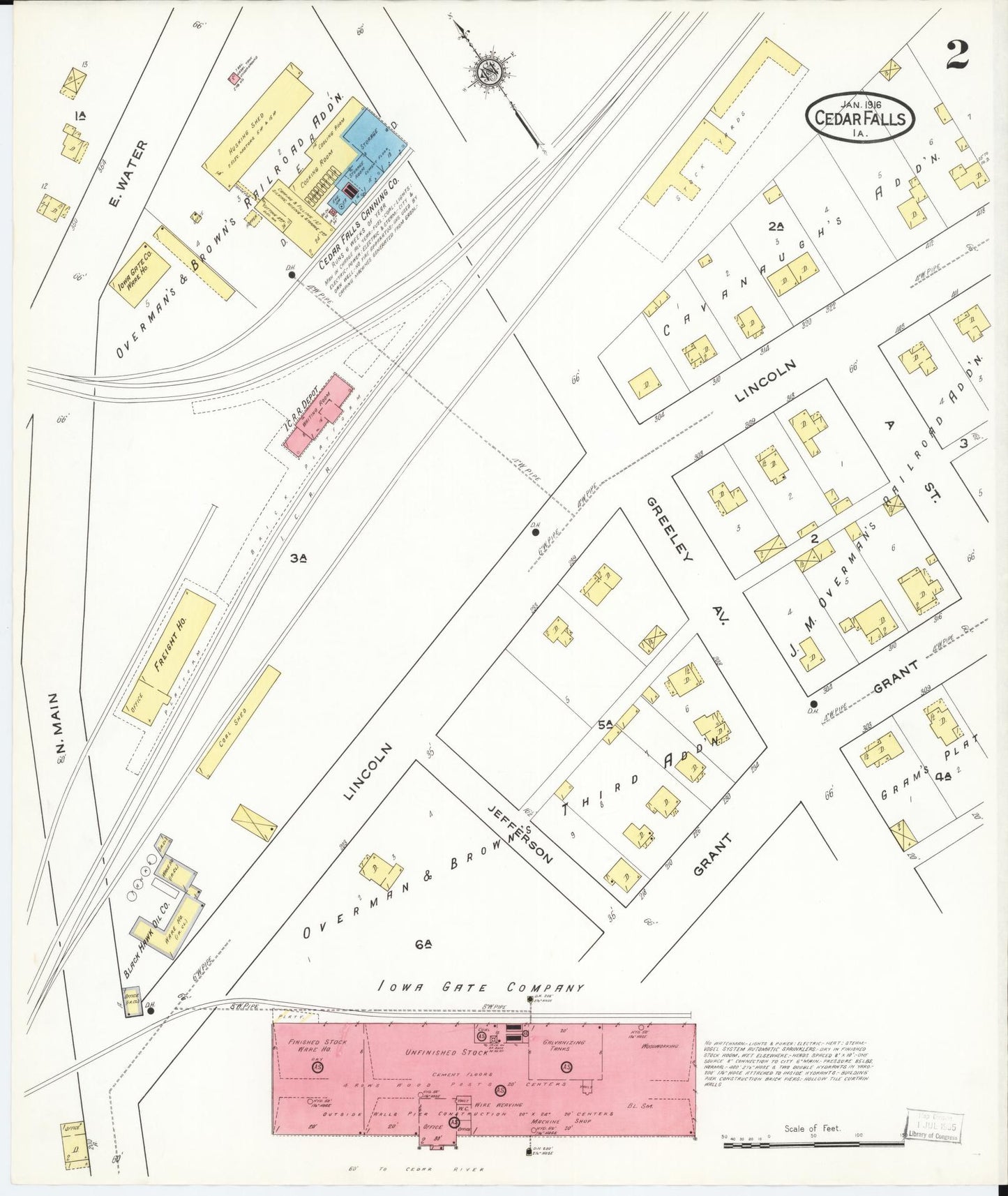 Sanborn Fire Insurance Map from Cedar Falls, Black Hawk County, Iowa (1916), Sheet #0002 - Historic Sanborn Fire Insurance Map Print, vintage old map wall art