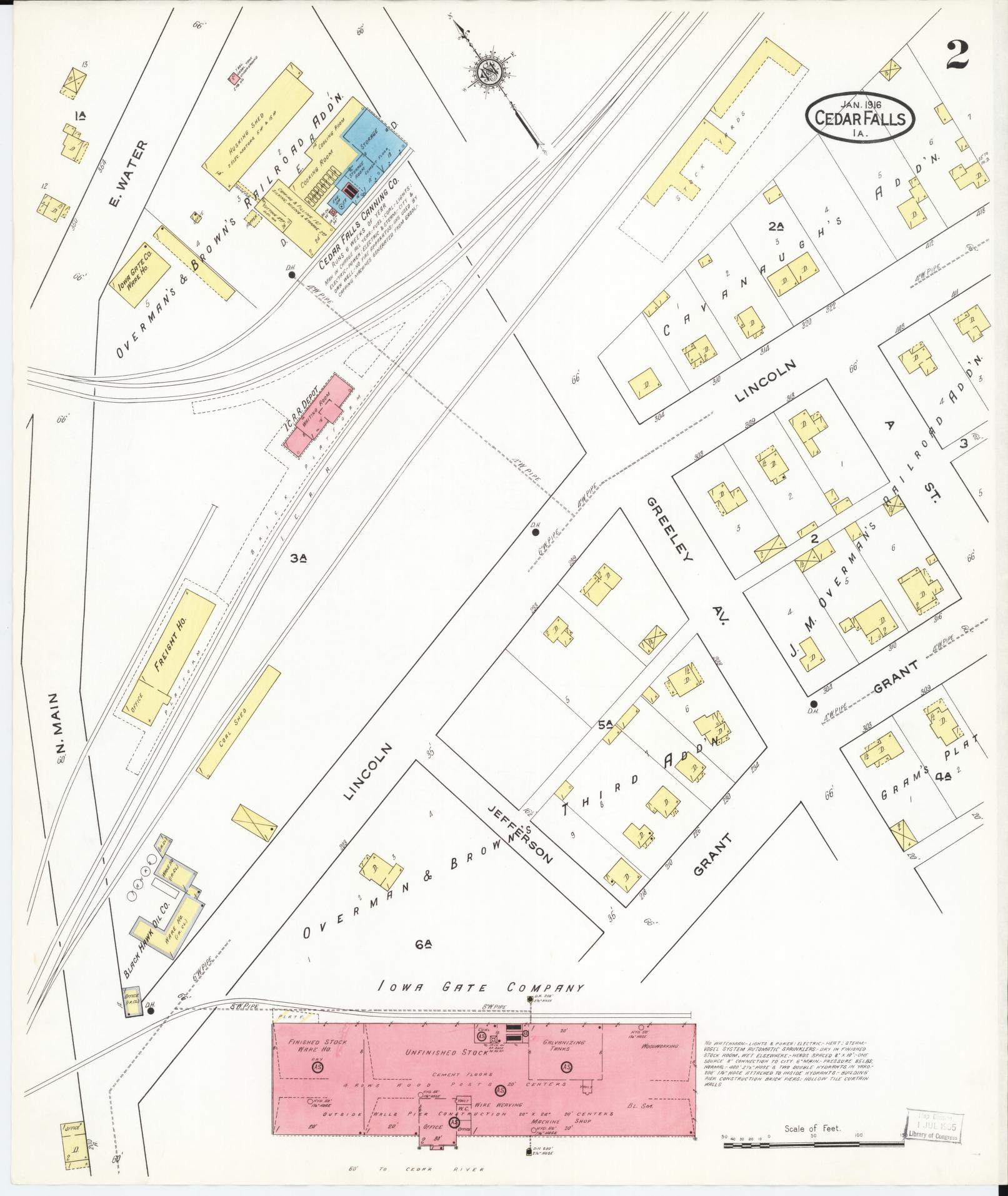 Sanborn Fire Insurance Map from Cedar Falls, Black Hawk County, Iowa (1916), Sheet #0002 - Historic Sanborn Fire Insurance Map Print, vintage old map wall art
