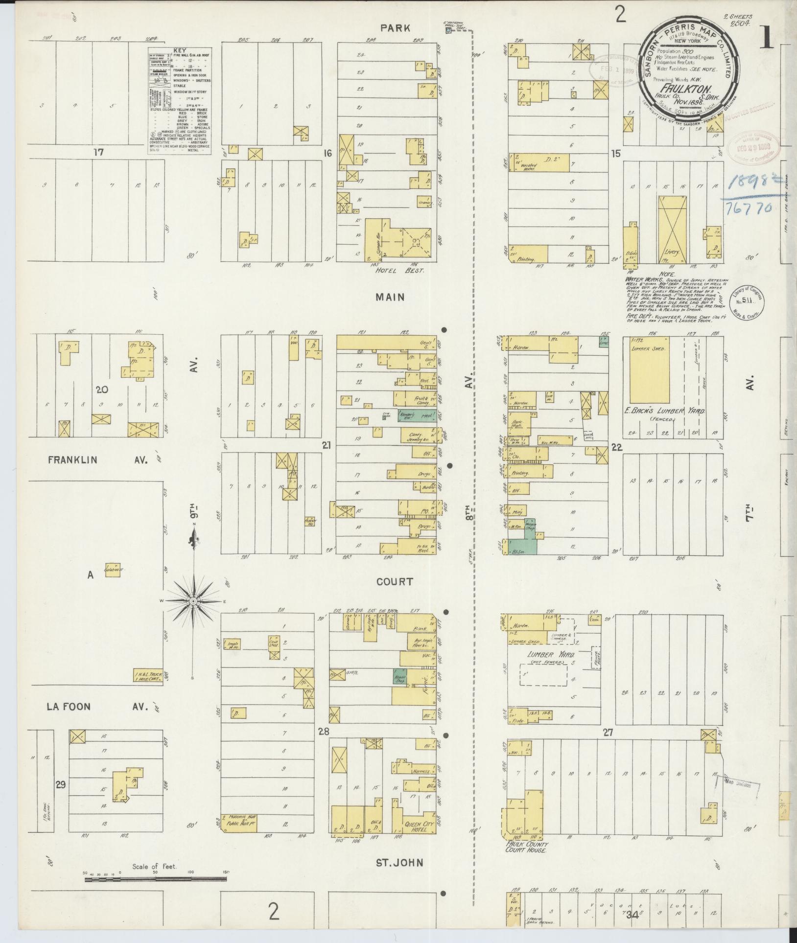 Sanborn Fire Insurance Map from Faulkton, Faulk County, South Dakota (1898), Sheet #0001 - Historic Sanborn Fire Insurance Map Print, vintage old map wall art, antique decor, genealogy gift, South Dakota South Dakota map