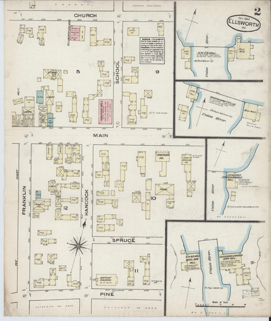 Sanborn Fire Insurance Map from Ellsworth, Hancock County, Maine (1884), Sheet #0002 - Historic Sanborn Fire Insurance Map Print, vintage old map wall art, antique decor, genealogy gift, Maine Maine map