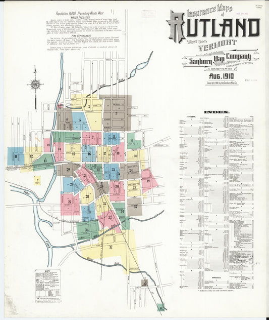 Sanborn Fire Insurance Map from Rutland, Rutland County, Vermont (1910), Sheet #0001 - Historic Sanborn Fire Insurance Map Print, vintage old map wall art, antique decor, genealogy gift, Vermont Vermont map