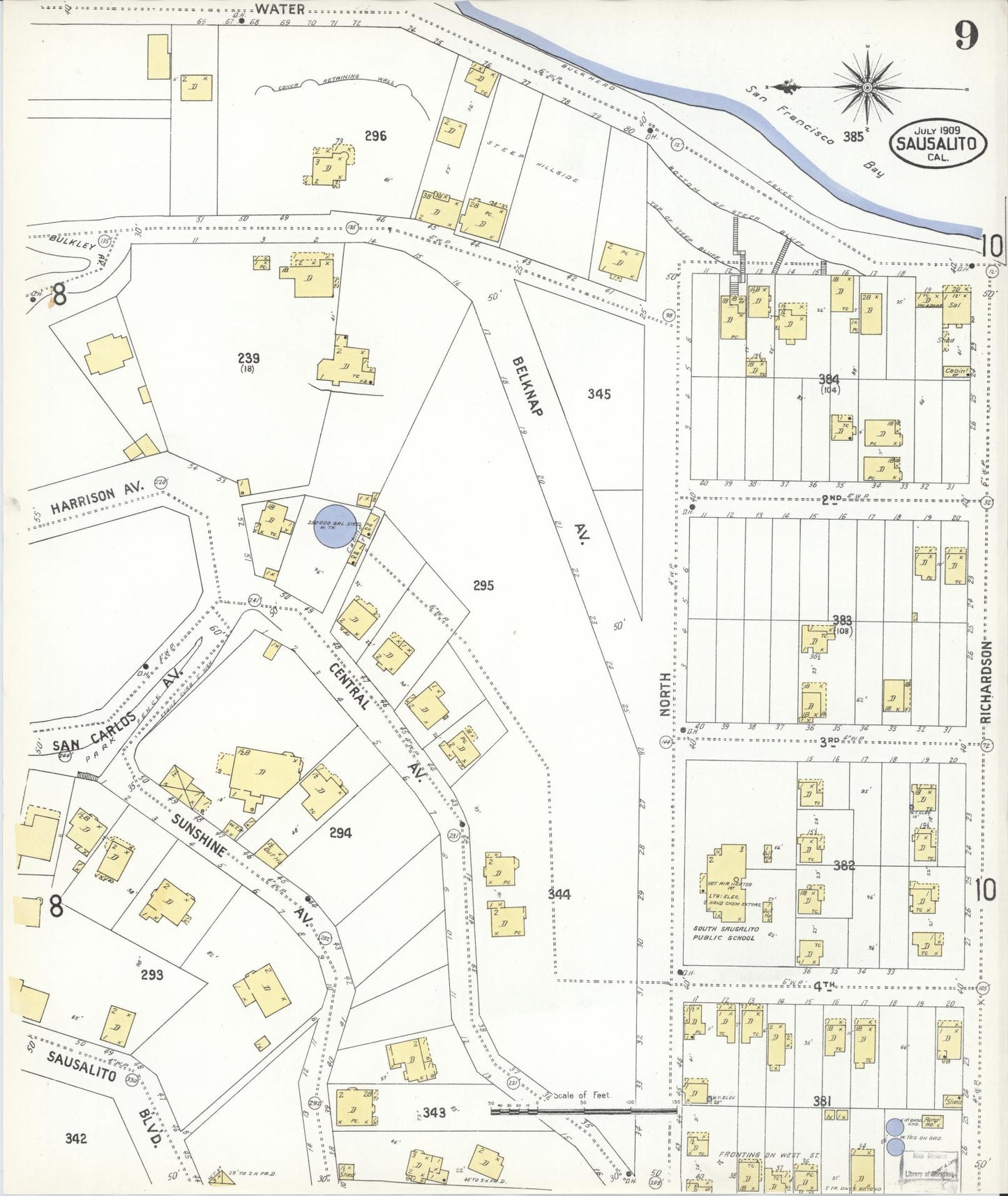 Sanborn Fire Insurance Map from Sausalito, Marin County, California (1909), Sheet #0009 - Complete Map Set gallery image, historic Sanborn map, vintage wall art, California California
