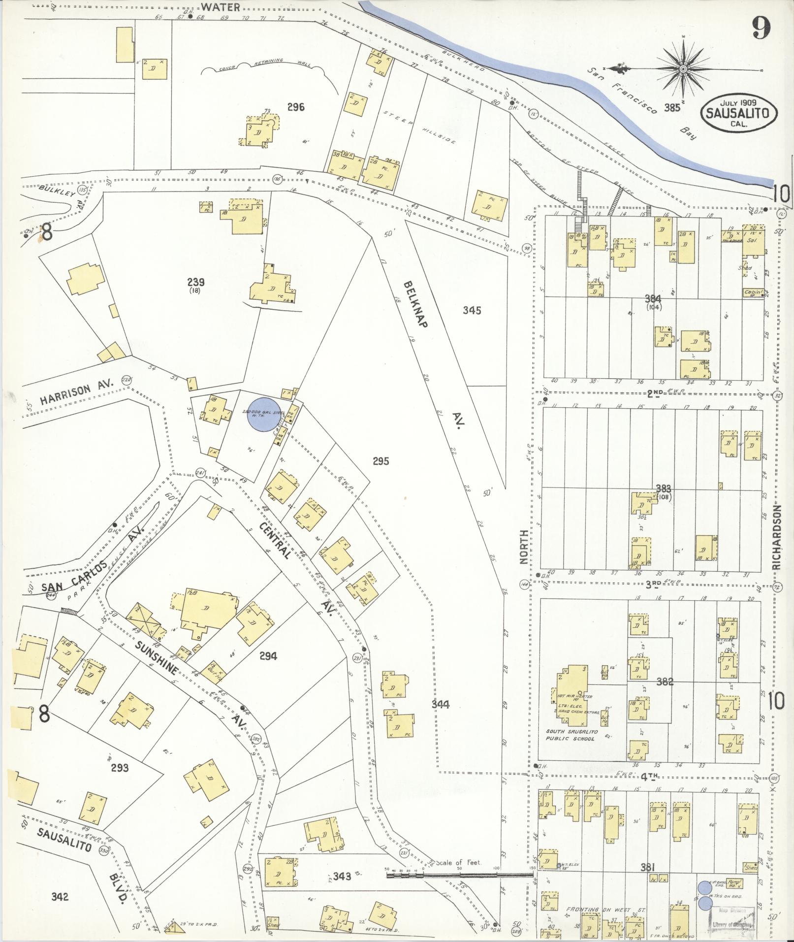 Sanborn Fire Insurance Map from Sausalito, Marin County, California (1909), Sheet #0009 - Complete Map Set gallery image, historic Sanborn map, vintage wall art, California California