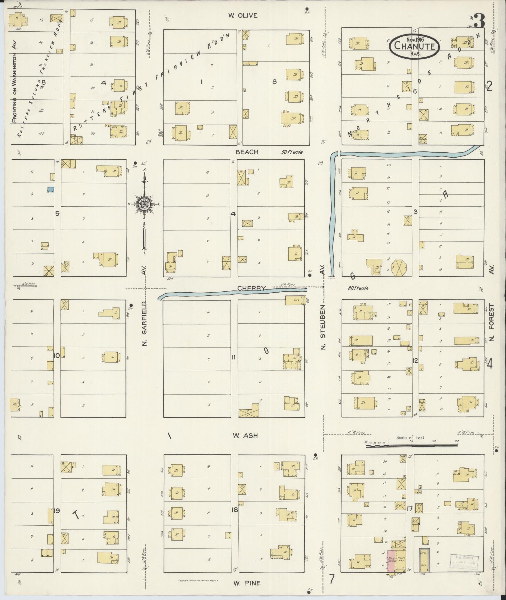 Sanborn Fire Insurance Map from Chanute, Neosho County, Kansas (1916), Sheet #0003 - Complete Map Set gallery image, historic Sanborn map, vintage wall art, Kansas Kansas